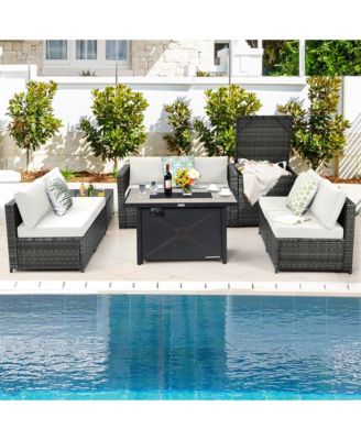 9 PCS Patio Rattan Furniture Set Fire Pit Table Storage Grey W/ Cover