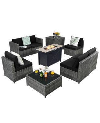 9 PCS Patio Rattan Furniture Set Fire Pit Table Storage Grey W/ Cover