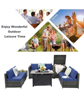 9 PCS Patio Rattan Furniture Set Fire Pit Table Storage Grey W/ Cover