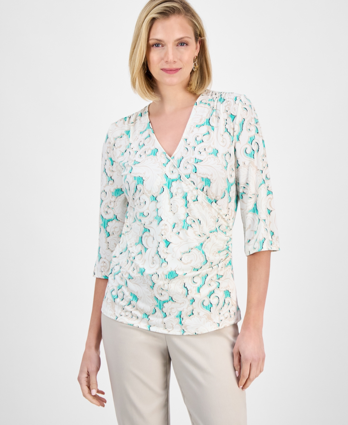 JM COLLECTION WOMEN'S PRINTED FAUX-WRAP TOP, EXCLUSIVELY AT MACY'S 
