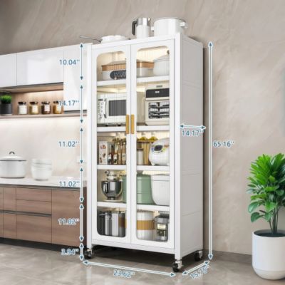 65inch Kitchen Pantry Storage Cabinet 6 Tier Metal Display Cabinet with Transparent Door Adjustable Shelves Wheels White