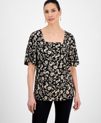 Petite Floral-Print Flutter-Sleeve Top, Exclusively at Macy's