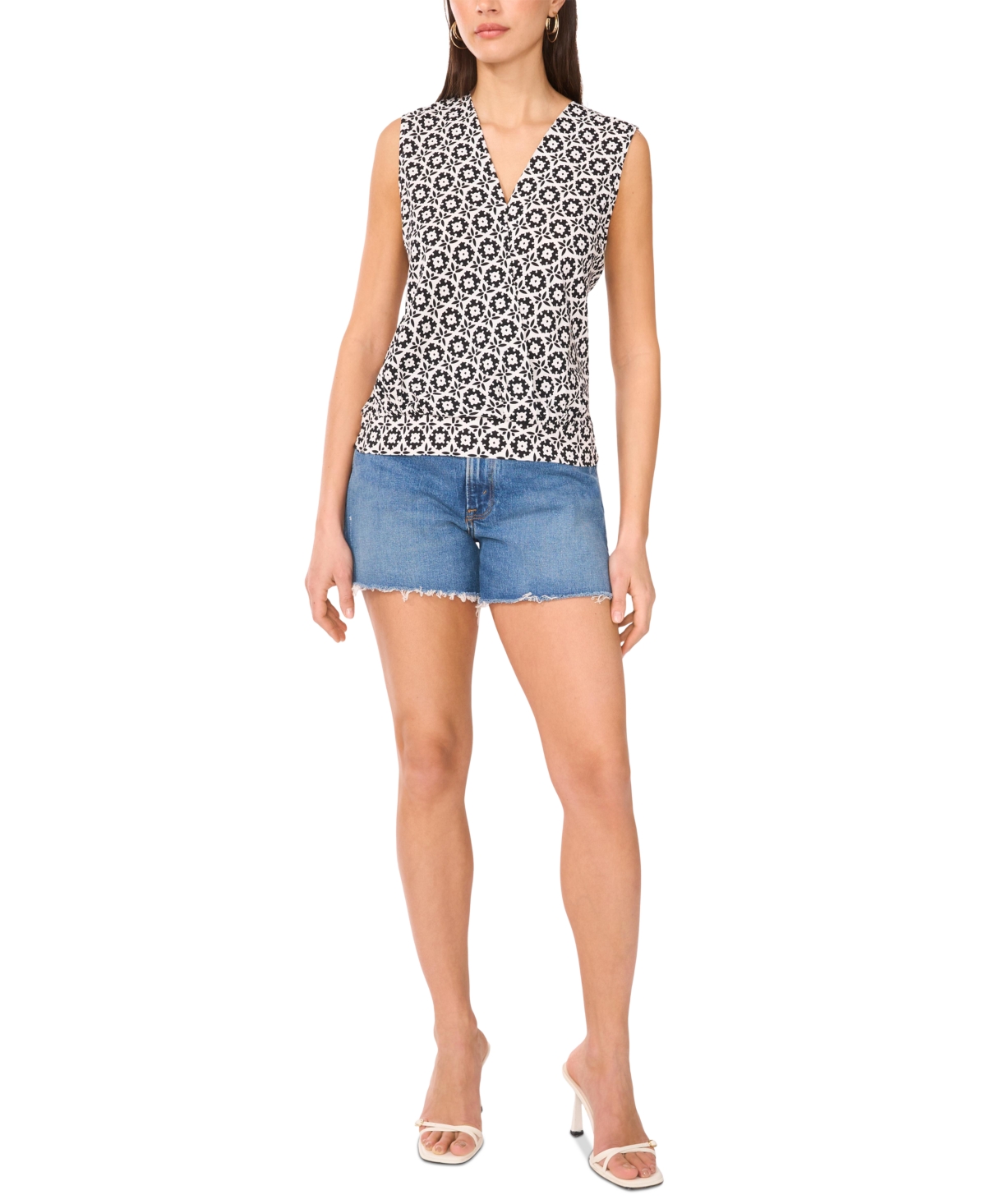 VINCE CAMUTO WOMEN'S PRINTED FAUX-WRAP SLEEVELESS TOP 