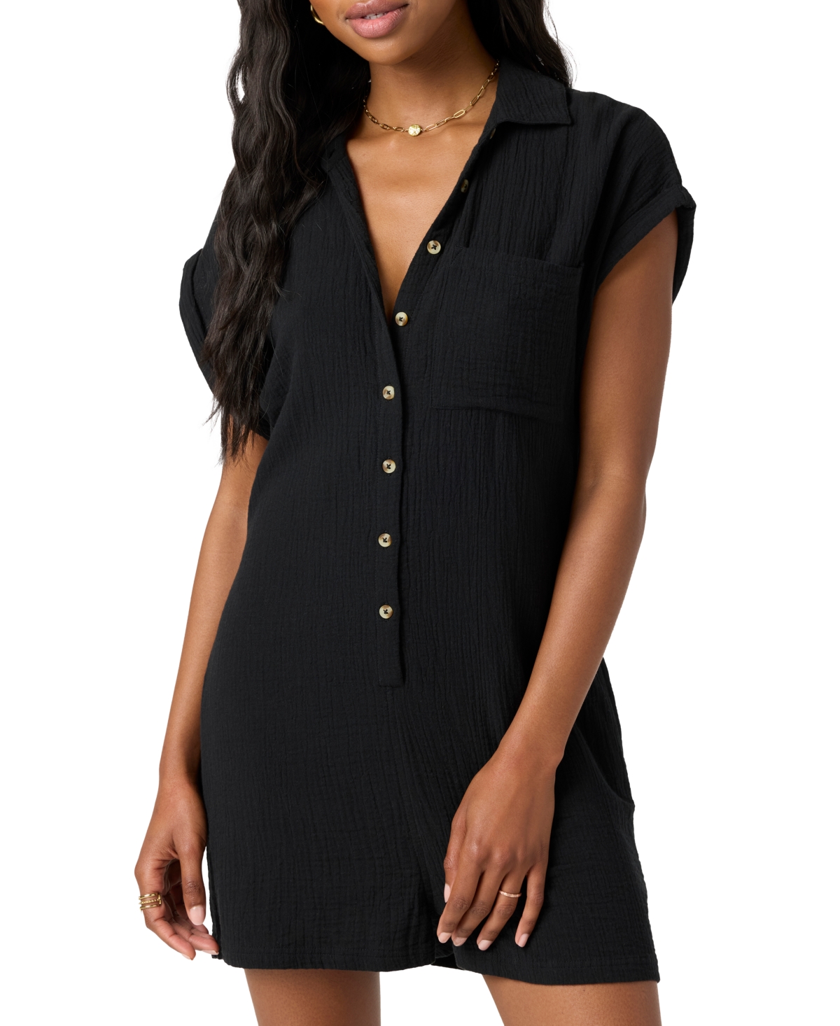 O'neill Juniors' Kamilla Rolled-cuff Button-front Romper In Black