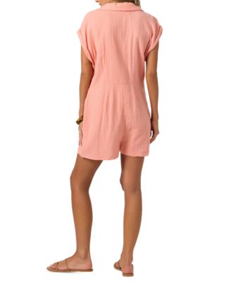 Juniors' Kamilla Rolled-Cuff Button-Front Romper