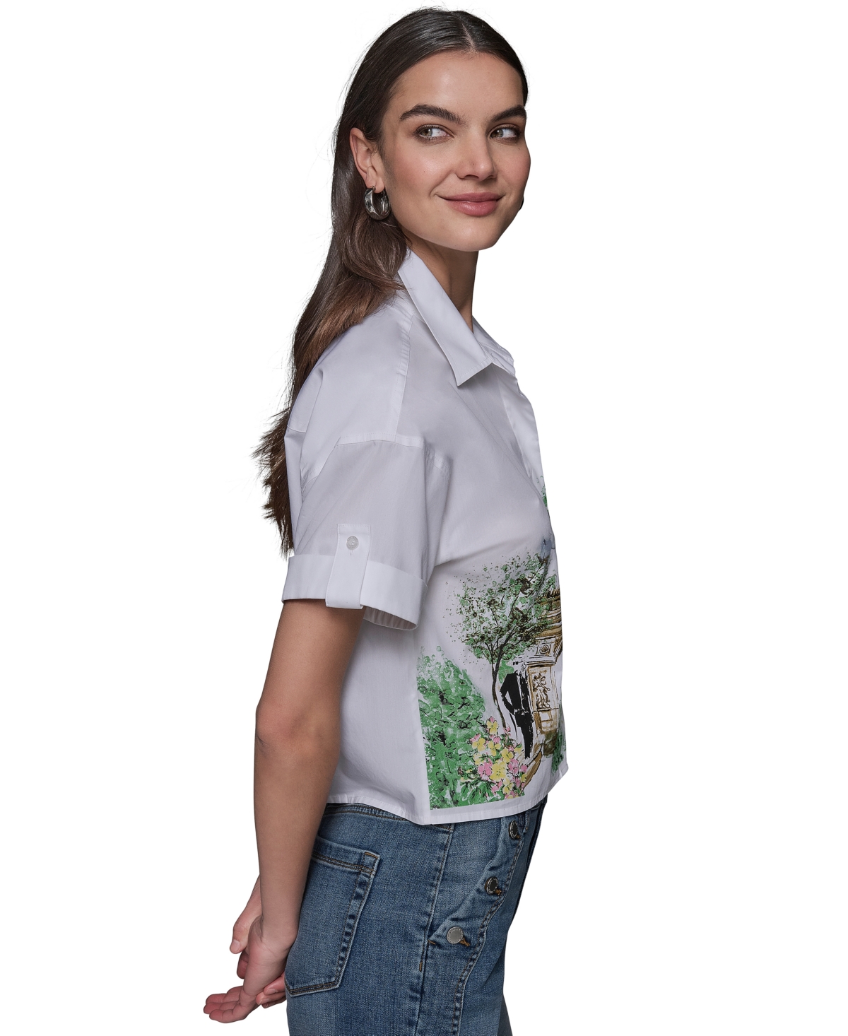 KARL LAGERFELD WOMEN'S COTTON CROP PARIS SCENE BUTTON-FRONT TOP 