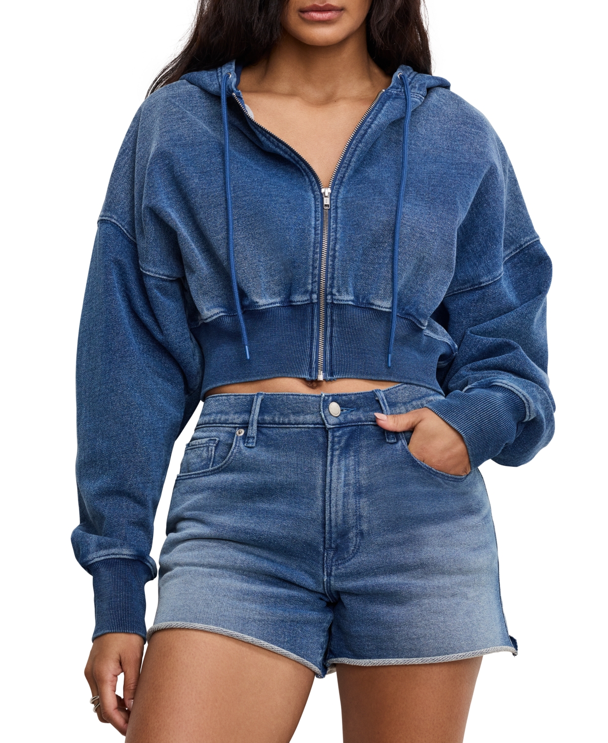Shop Good American Women's Jeanius Cotton Zip-up Hoodie In Indigo900