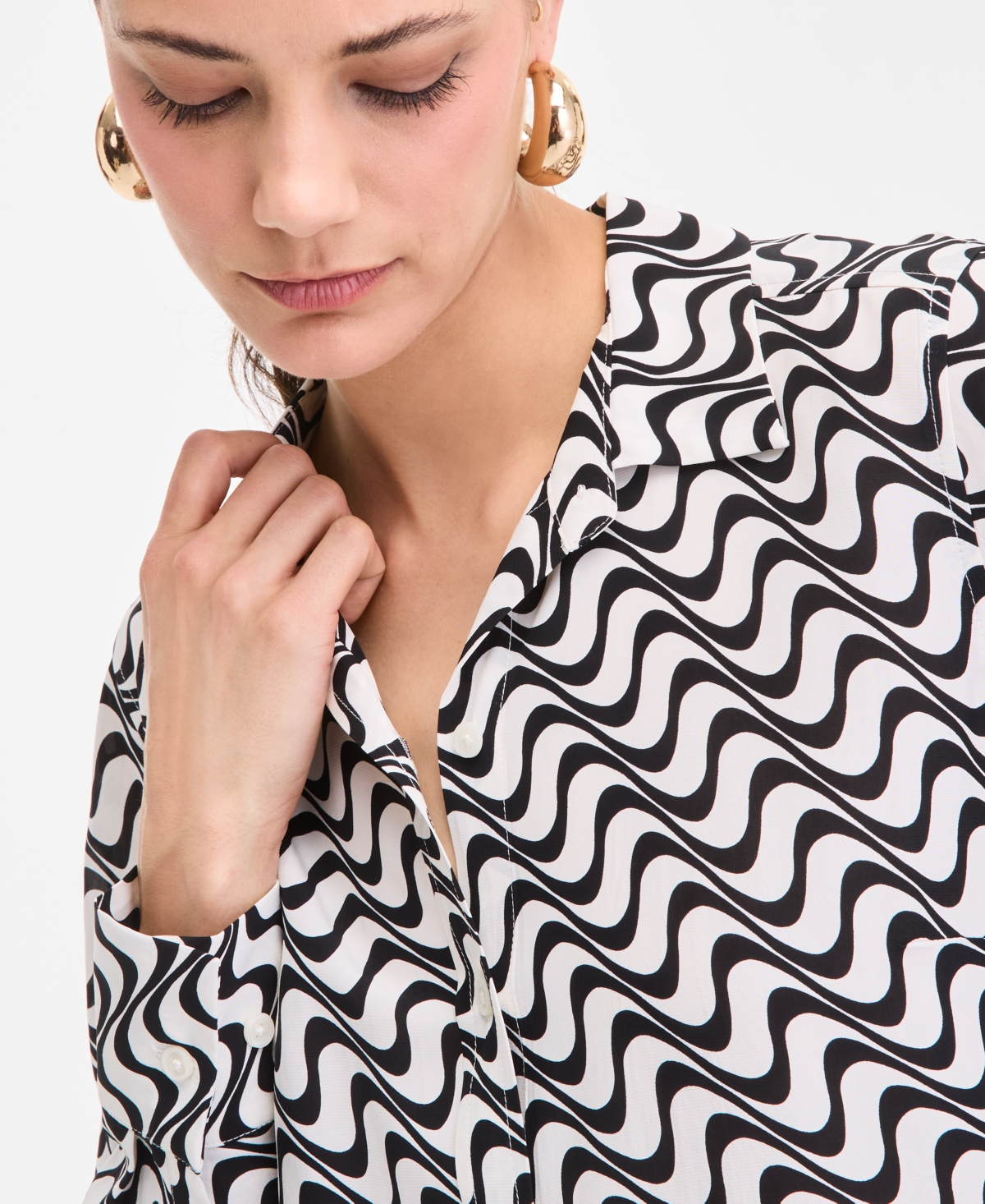 Inc International Concepts Women's Printed Button-down Long-sleeve Shirt, Exclusively At Macy's In White