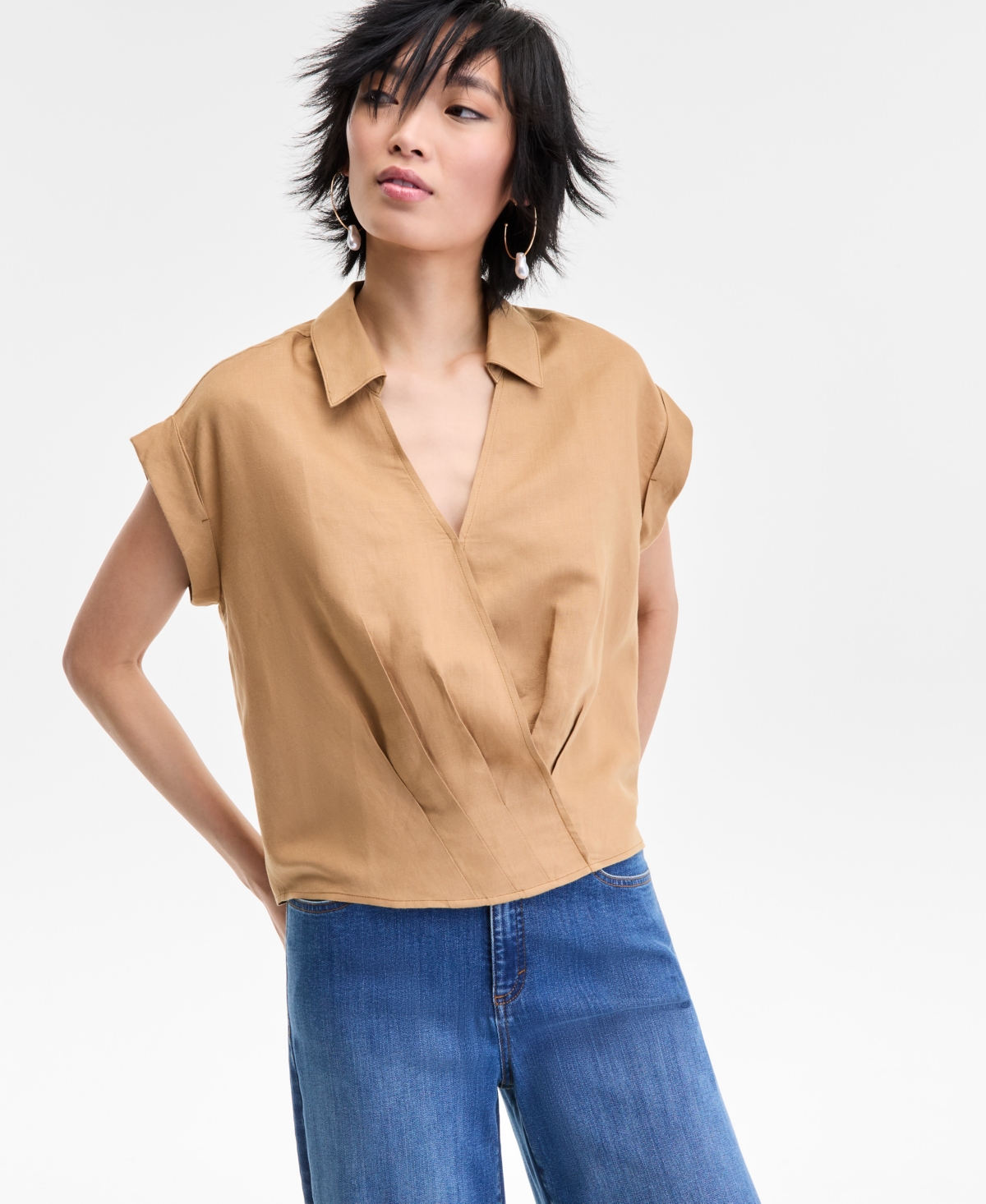 Women's Collared Cap-Sleeve Surplice Top, Exclusively at Macy's - Seaport