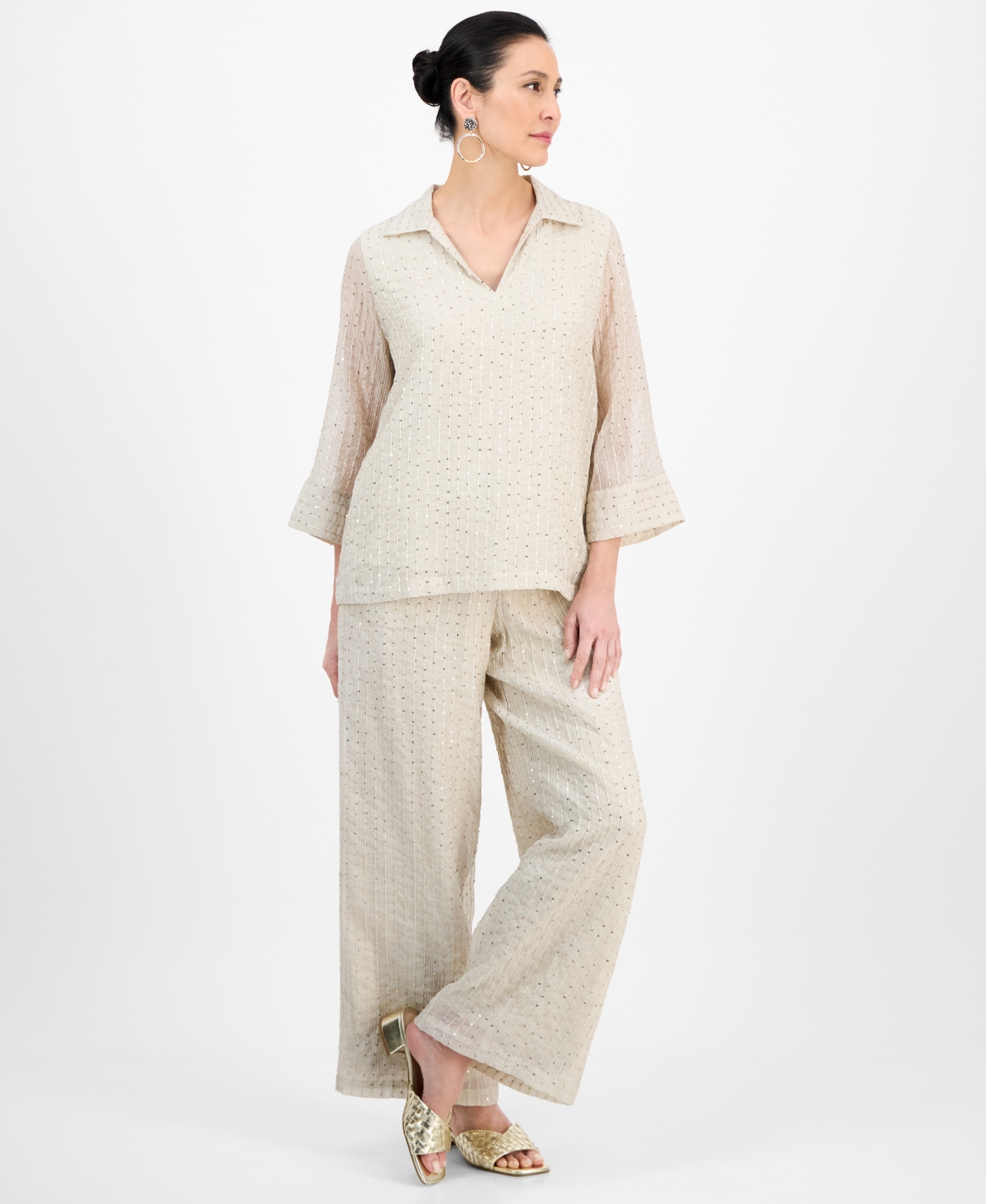 JM COLLECTION WOMEN'S SPREAD-COLLAR CRINKLE SEQUIN TOP, EXCLUSIVELY AT MACY'S 