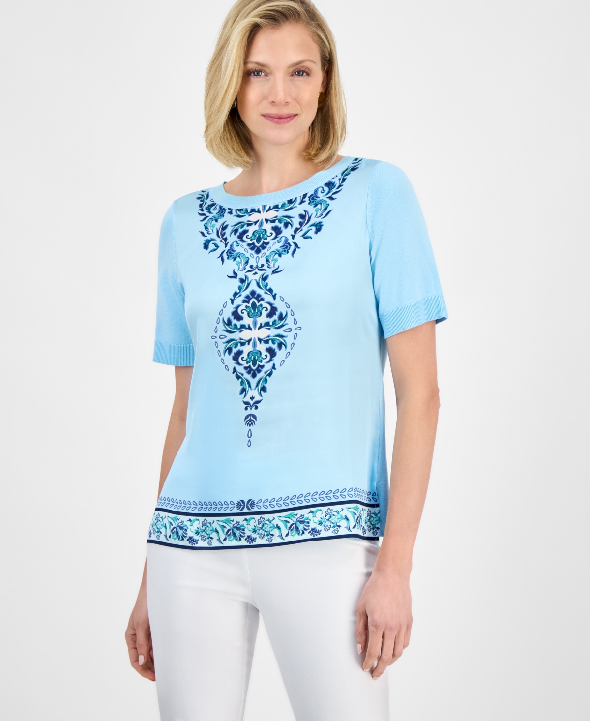 Jm Collection Women's Printed Mixed-media Sweater, Exclusively At Macy's