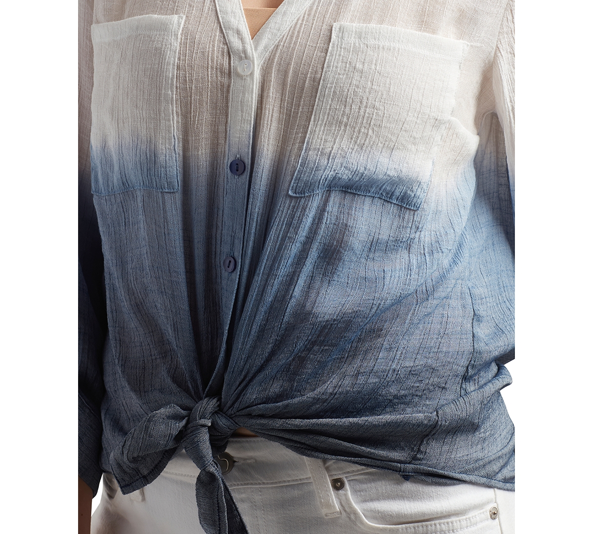 Bcx Juniors' Dip Dye Gauzy-texture Button-down Blouse In Navy
