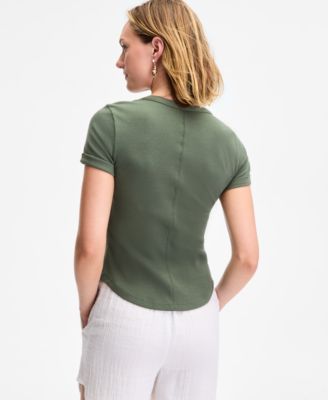 Women's Roll Cuff Rib-Knit Henley T-Shirt, Exclusively at Macy's