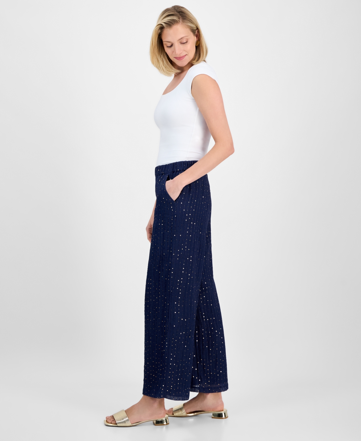 Shop Jm Collection Women's High-rise Wide-leg Sequin Crinkle Pants, Exclusively At Macy's
