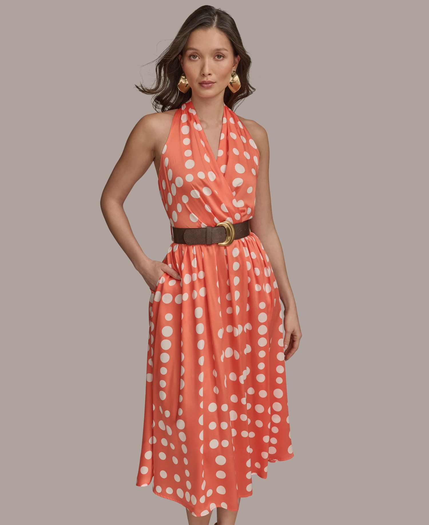 Women's Polka-dot Belted A-line Midi Dress