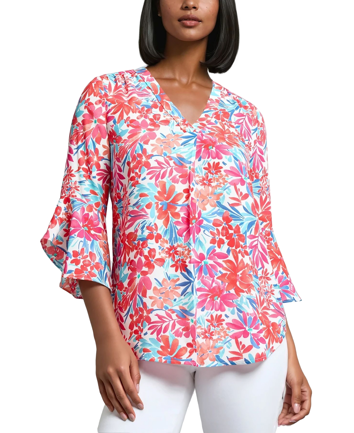 Women's Floral-Print V-Neck Flutter-Sleeve Blouse - Coral Sun Multi