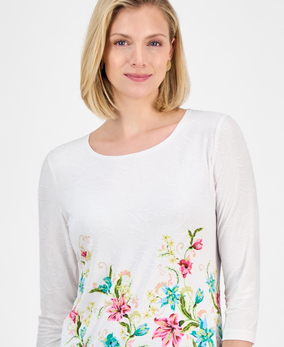 Jm Collection Women's Printed Jacquard 3/4-sleeve Top, Exclusively At Macy's