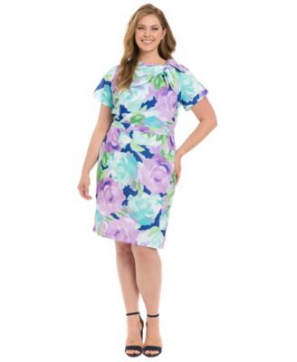 London Times - Plus Size Floral-Print Tie-Neck Sheath Dress
