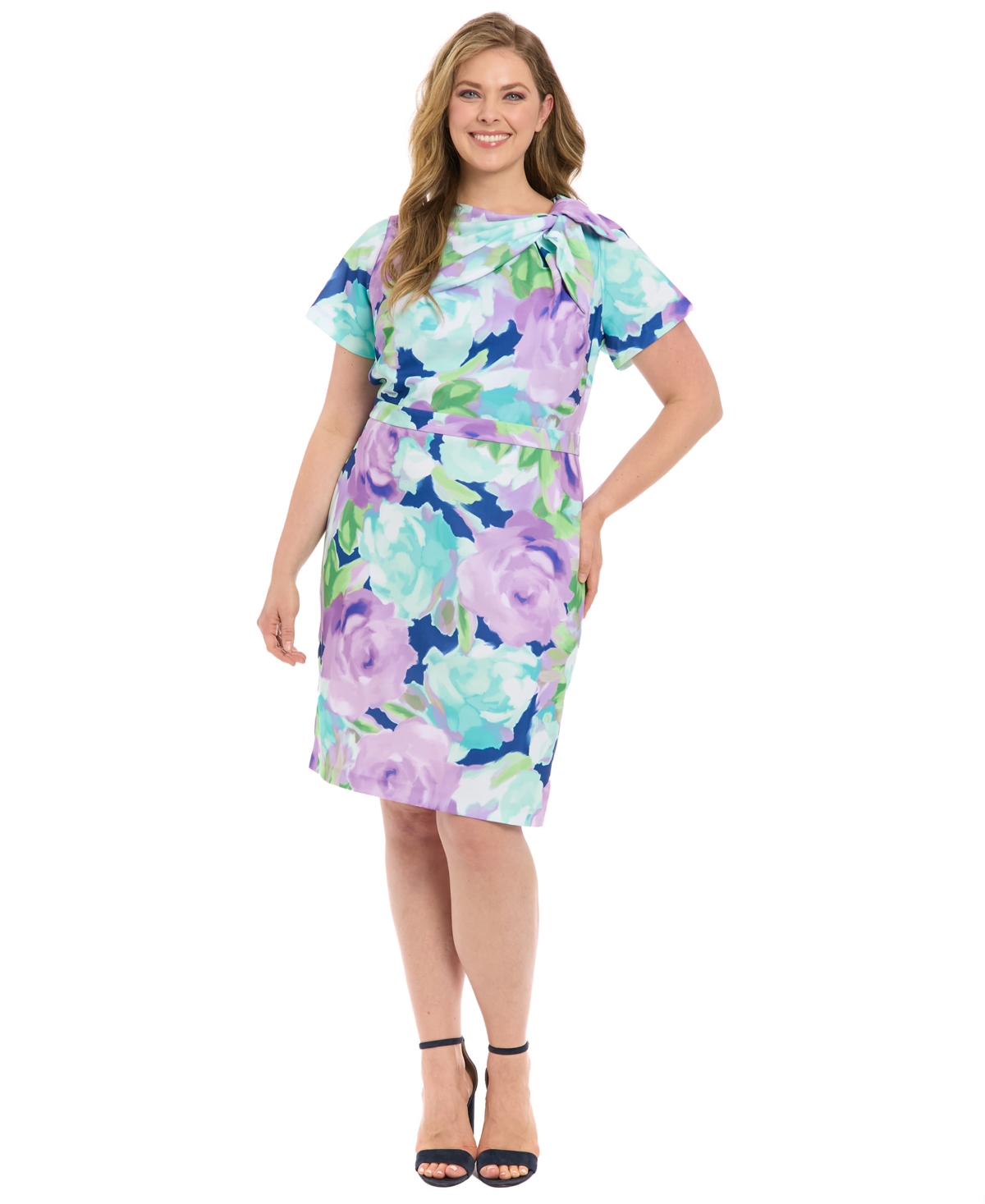Plus Size Floral-Print Tie-Neck Sheath Dress - Navy-peri