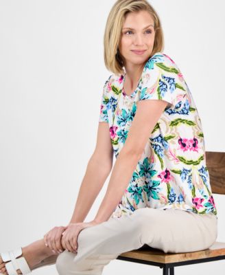 売れ筋商品|||ジェイエムコレクション Tシャツ トップス レディース Petite Lush Garden Print Short-Sleeve T-Shirt, Exclusively at Macy's Bright White Women's Lush Short-Sleeve T-Shirt