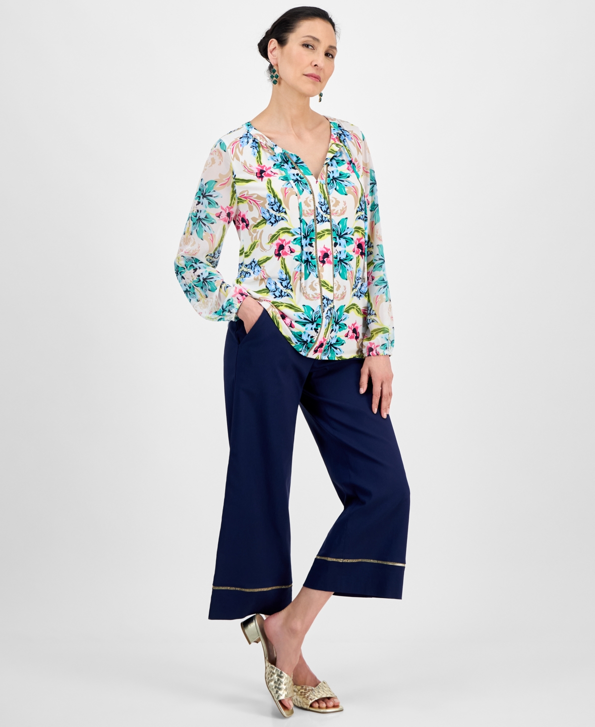 Shop Jm Collection Women's Printed Tie-neck Long-sleeve Blouse, Exclusively At Macy's
