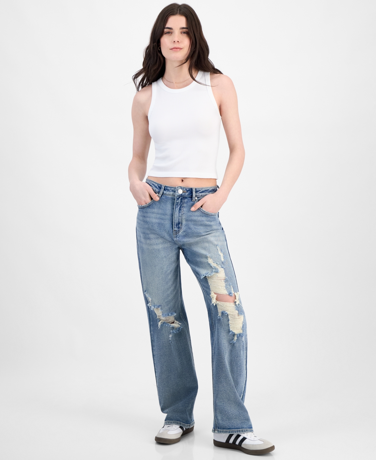 Juniors' Super High Rise Distressed 90s Wide Leg Jeans - Tinted Wash