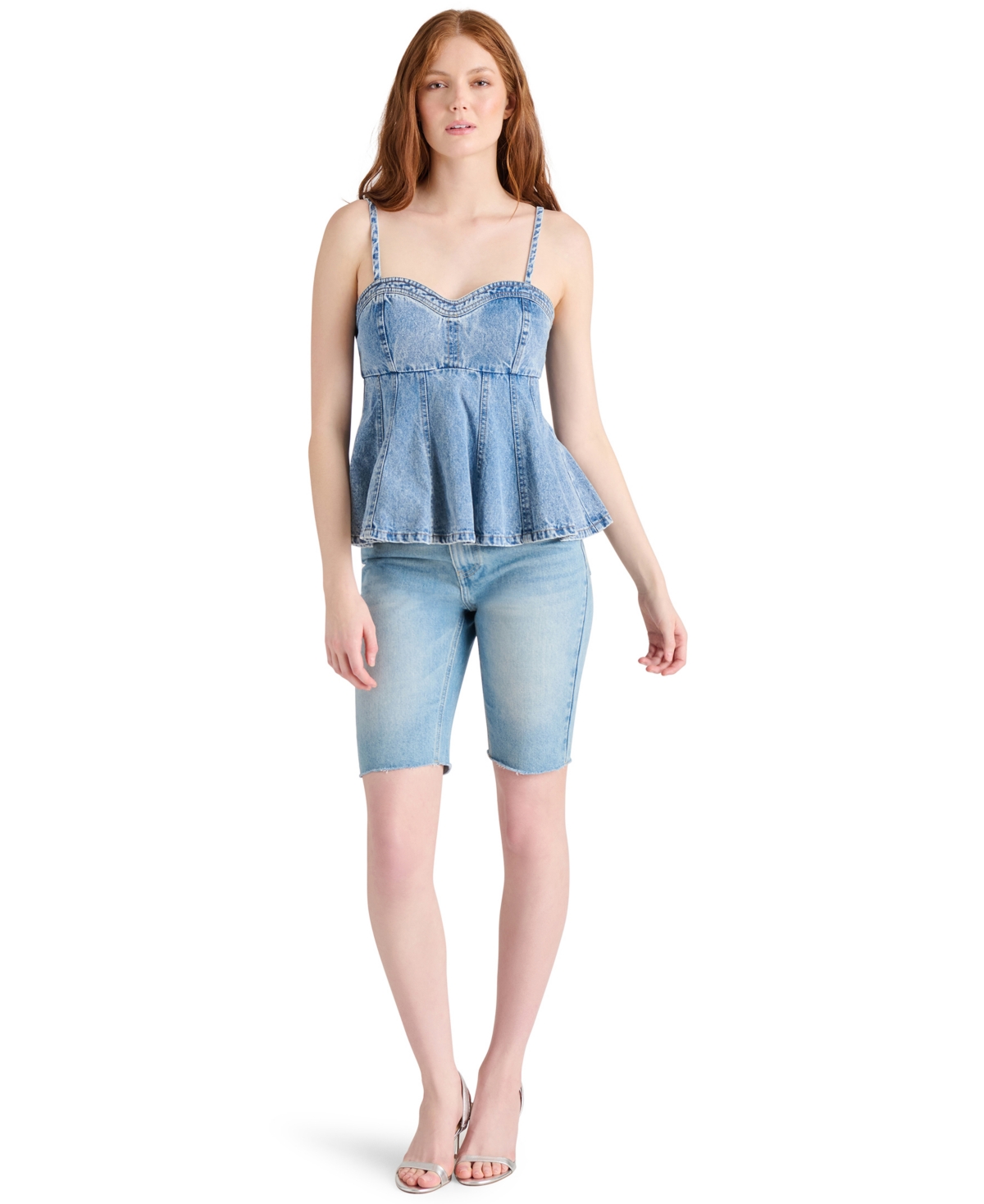 Steve Madden Women's Delta Sleeveless Denim Peplum Top In Medium Blue