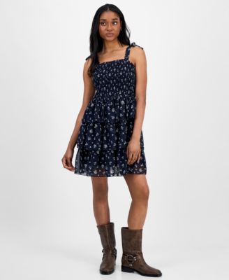 Celebrity Pink - Juniors' Floral-Print Smocked Tiered Chiffon Dress