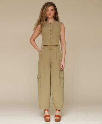 Avec Les Filles Womens Cropped Boxy Vest Barrel Leg Cargo Pants
