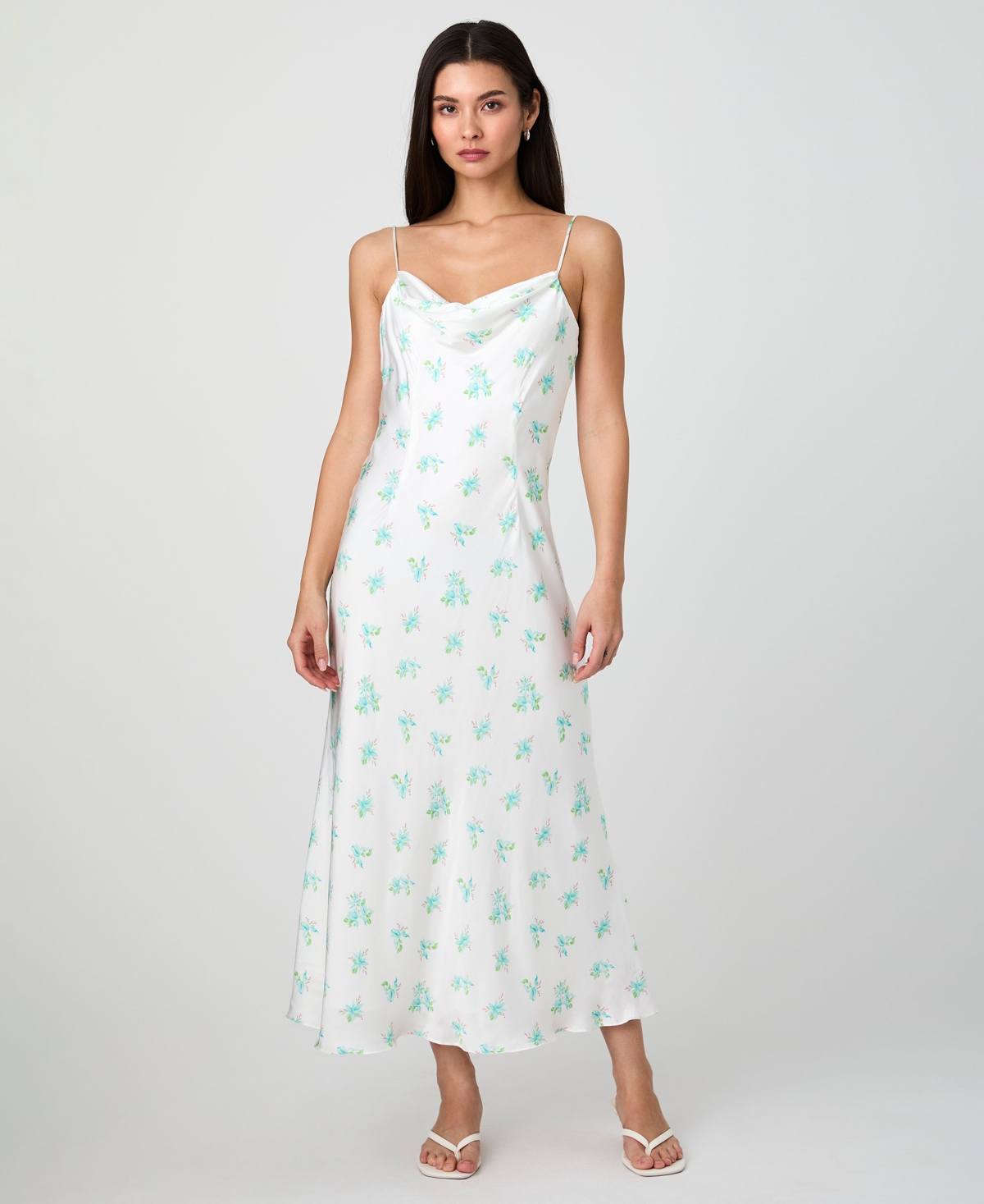 French Connection Anna Fleur Cowl Neck Satin Maxi Slipdress In Summer White,pastel Turquoise Multi Prin