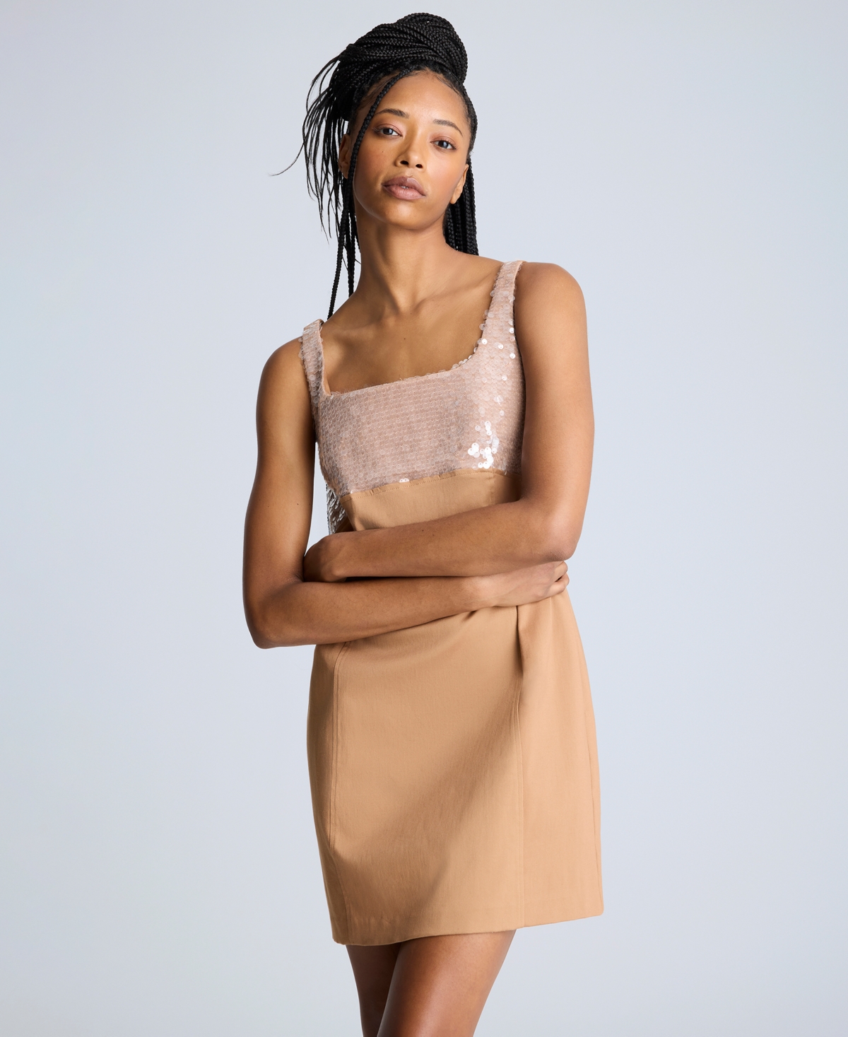 Kenneth Cole Sequin Bodice Open Back Cotton Blend Shift Dress In Dark Honey