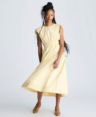 Women's Butter Yellow Ruched Tie-Shoulder Midi Dress