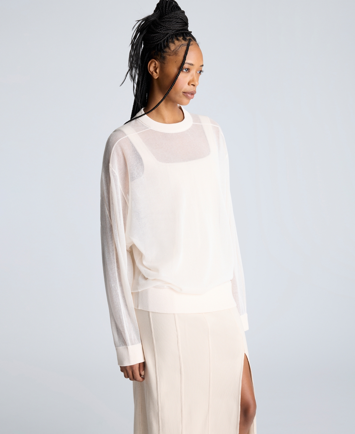 Kenneth Cole Sheer Oversized Crewneck Sweatshirt In Oyster