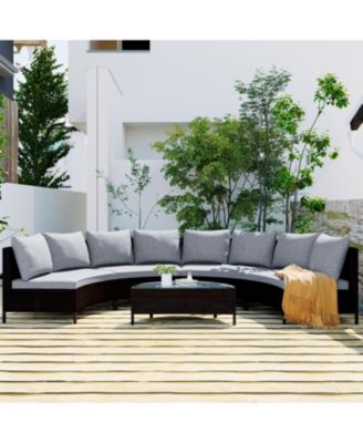 Streamdale 5-Piece Brown Wicker Patio Half-Moon Sofa Set with Gray Cushions