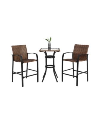 Streamdale 3-Piece Outdoor Rattan Bar Set, Glass Table, Wicker Stools, Brown