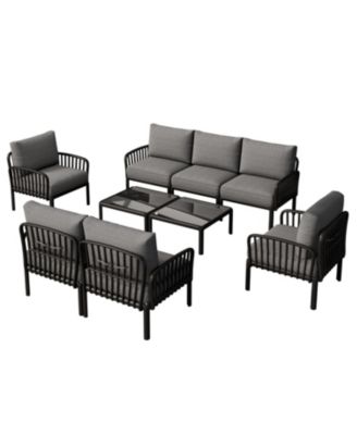 Streamdale 9pc Patio Set, Modern sectional with 2 tables, waterproof cushions, black & gray