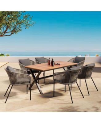 Streamdale 7pc Patio Dining Set, Acacia tabletop, metal frame, all-weather, for garden/balcony