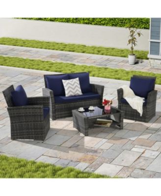 4-Piece Outdoor Patio Furniture Set, Rattan Chairs, Glass Table