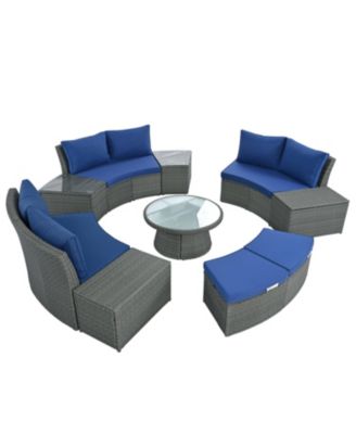 Streamdale 10-Pc Half-Round Rattan Patio Sofa Set, Free Combo, Blue