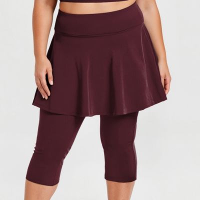 Plus Size Chlorine Resistant High Waisted Flared Swim Skort With Attached Capri Leggings