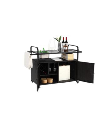 Streamdale Black wicker outdoor bar cart with steel top, ice bucket, locking wheels, and side basket