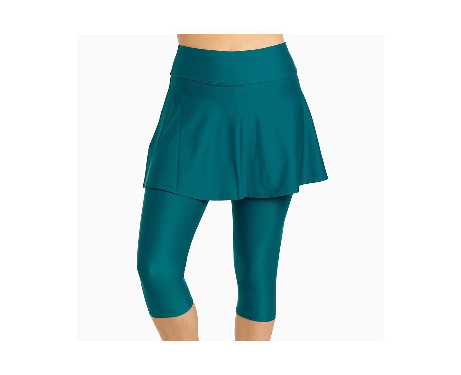 Women's Chlorine Resistant High Waisted Flared Swim Skort With Attached Capri Leggings