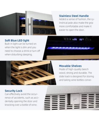 15" Wine Cooler Under Counter Beverage Refrigerator Beer Mini Fridge 28 Bottles Dual Zone Built-in Freestanding Stainless Steel Double-Layer Tempered Glass Door