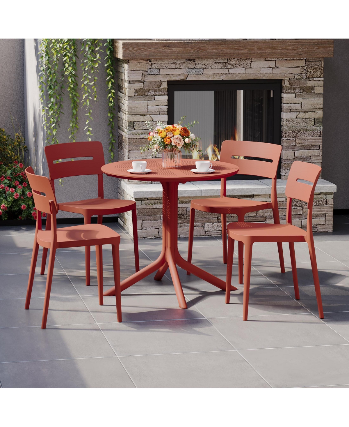 Modern 5-Piece Resin Round Patio Dining Table Set with Stackable Chairs