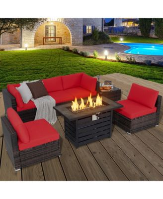 7PCS Patio Rattan Furniture Set 42'' Fire Pit Table w/ Cover Cushioned