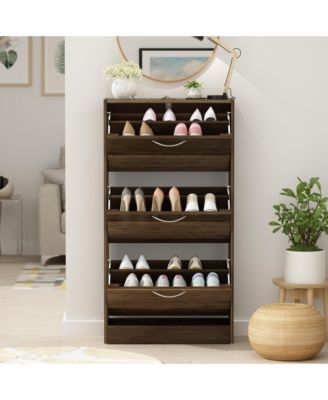 Wooden 3-Door Shoe Cabinet with Shutter Drawers and Adjustable Shelves