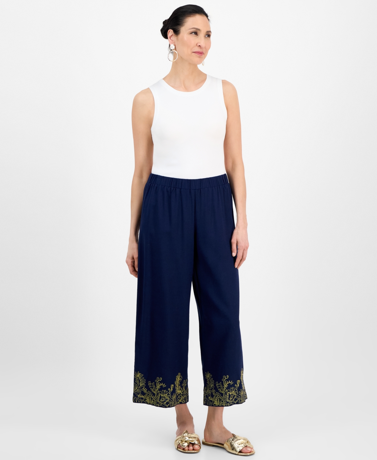 Jm Collection Women's Linen Blend High-rise Pull-on Embroidered-hem Pants, Exclusively At Macy's
