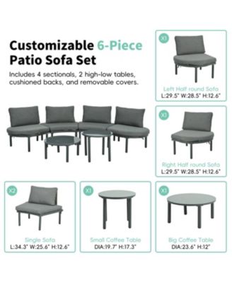 6-Pc Half Moon Patio Sofa Set, Wicker, Glass Tables, Cushions & Pillows - Gray