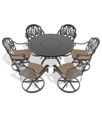 Streamdale 7-Pc Cast Aluminum Dining Set, 6 Swivel Chairs, 47" Round Table, Black Frame