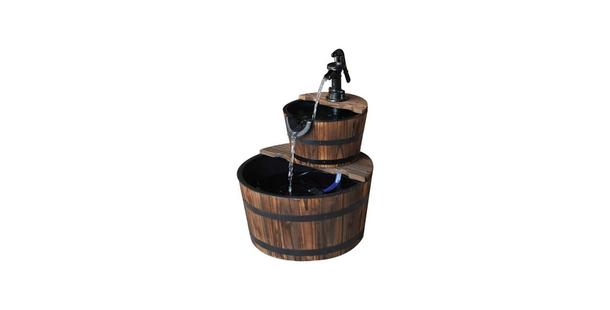 Outdoor 2-Tier Whiskey Barrel Waterfall Fountain with Electric Pump for Garden Decor - Rustic Brown